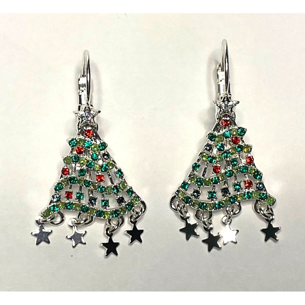 KIRKS FOLLY"DANCING DELIGHT"CHRISTMAS TREE W/STARS LEVERBACK EARRINGS SILVERTONE